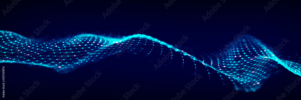 Poster dynamic sound wave of particles. music futuristic flow. abstract technology background. 3d rendering
