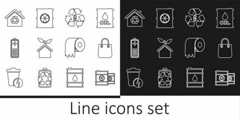 Set line Radioactive waste in barrel, Shopping bag, Battery with recycle, Eco friendly house, charge level indicator, House recycling, Toilet paper roll and icon. Vector