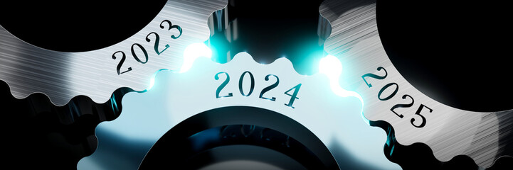 2023, 2024, 2025 - gears concept - 3D illustration - obrazy, fototapety, plakaty