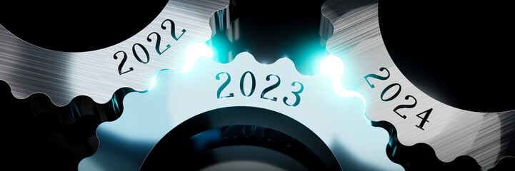 2022, 2023, 2024 - gears concept - 3D illustration