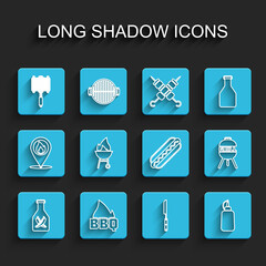 Set line Ketchup bottle, Barbecue fire flame, steel grid, knife, Mustard, grill, and Hotdog sandwich icon. Vector