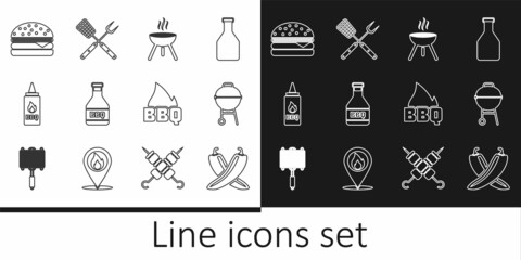 Set line Crossed hot chili pepper pod, Barbecue grill, Ketchup bottle, Burger, fire flame and fork and spatula icon. Vector
