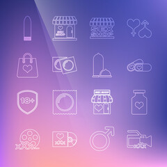 Set line Video camera with Sex, Bottle pills for potency, Pills, shop building, Condoms package, Shopping bag heart, Dildo vibrator and safe sex icon. Vector