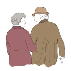 A nice elderly couple is walking, an old man is looking at an old woman. Love in a very old age. Drawing with one line.