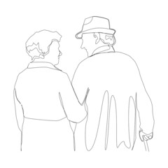 A nice elderly couple is walking, an old man is looking at an old woman. Love in a very old age. Drawing with one line.