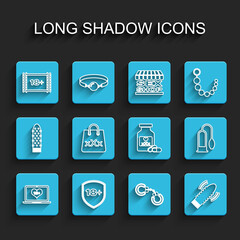 Set line Laptop with 18 plus content, Shield, Play Video, Sexy fluffy handcuffs, Dildo vibrator for sex games, Shopping bag triple X, Penis pump and Bottle pills potency icon. Vector