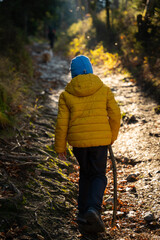 Fototapeta na wymiar The little kid is walking the mountain trail. Fall season
