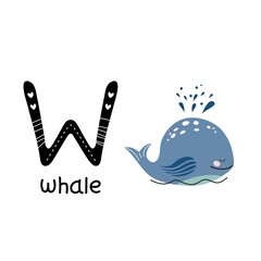 Children's font. Letter W. Cute cartoon whale.