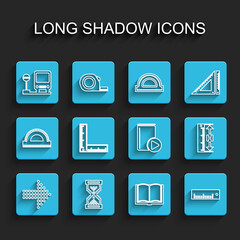 Set line Dots arrow, Hourglass pixel, Bus stop, Open book, Ruler, Folding ruler, Measuring height and length and Audio icon. Vector