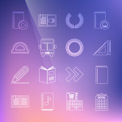 Set line Hotel building, Book, Triangular ruler, Laurel wreath, Bus, Protractor grid, Audio book and icon. Vector