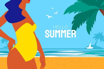 Hello summer. Happy young pregnant woman with sunburnt skin on a tropical beach wearing bright yellow. Summertime. Sea, sky, palms and beautiful beach.