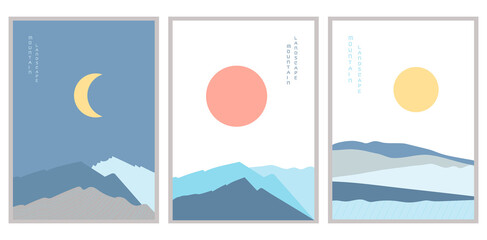 Mountain landscape posters vector illustration set. Geometric landscape background in Asian Japanese style. Abstract symbol for print, poster, postcard, screensaver on the phone, for social media