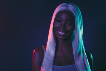 Portrait of stunning youngster student lady snow white hair extension beaming smiling dark day period clubbing time