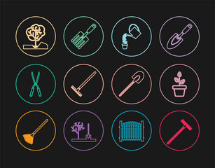 Set line Garden rake, Flowers in pot, Watering can, Gardening handmade scissor, Planting tree the ground, shovel and fork icon. Vector