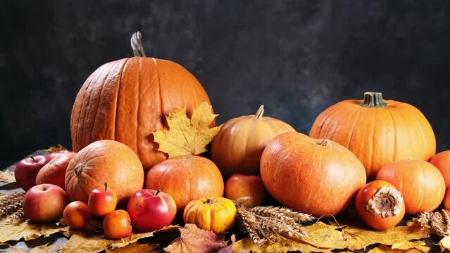 Thanksgiving Day. Table decorated with pumpkins, apple spikelets and autumn leaves. Video 4k.
