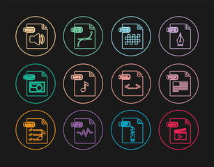 Set line MOV file document, PDF, PNG, MP3, BMP, WMA, XML and SVG icon. Vector