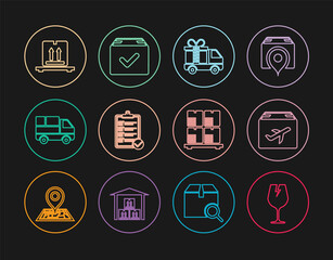 Set line Fragile broken glass, Plane and cardboard box, Delivery truck with gift, Verification of delivery list, boxes, Cardboard pallet, and Package check mark icon. Vector