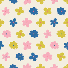 Fototapeta na wymiar Multicoloured abstract floral pattern design, seamless. Cute flower objects in blue, pink and yellow colours. Perfect for modern botanical spring and summer vibes. Matching patterns available. 