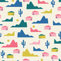 Tropical Palm Springs vector seamless pattern design, Los Angeles California. Including cute mountains, cacti and houses. Perfect for west coast projects and summer vibes. Matching patterns available.