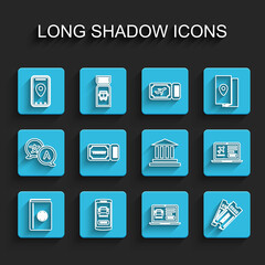 Set line Cover book travel guide, Online car sharing, Infographic of city map, Ticket, Laptop with ticket and Museum building icon. Vector