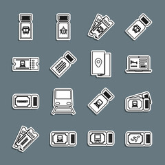 Set line Airline ticket, Train, Online hotel booking, Bus, Ticket, and Cover travel guide icon. Vector