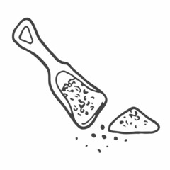 Wooden spoon of sea salt. Piles of seeds. Spice in natural packaging. Flavoring or saline. Vintage background banner.