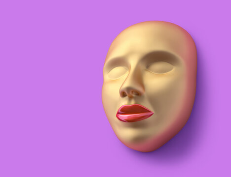 Abstract golden human face with red glossy lips on purple background