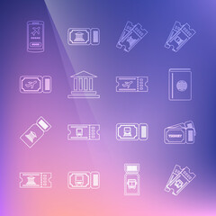 Set line Bus ticket, Ticket, Cover book travel guide, Museum, building, Airline, Mobile with and icon. Vector