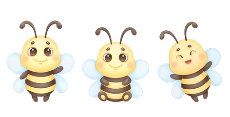 Set of watercolor cartoon bees