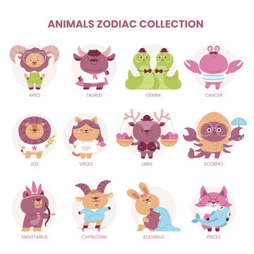 horoscope symbols in the form of animals waiting for children on a white background