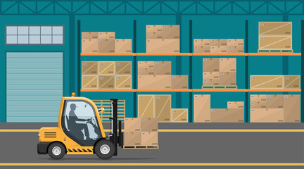 Warehouse interior with parcels on the rack and employee at work. Loading operations in the warehouse using the forklift vector illustration in flat style.