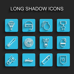 Set line Aviation bomb, Submarine, Parachute, Bullet, Chevron, Radar with targets, Hand grenade and Biohazard icon. Vector