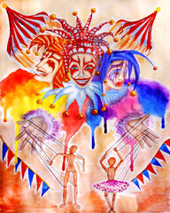 Clowns perform on stage with puppets in their hands. Watercolor painting with emotions. Clowns with emotions. Watercolor painting. Clowns in the circus. Puppets on stage. Watercolor painting