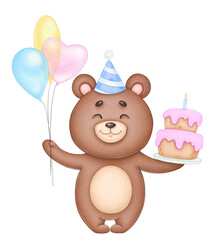 Joyful teddy bear with balloons and cake, holiday illustration