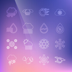 Set line Fog and sun, Snowflake, Water drop percentage, cloud, Cloud with rain lightning and icon. Vector
