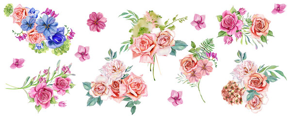 Set of watercolor bouquets. Blue and pink bouquet of flowers with delicate green fern leaves. Hydrangea, roses. Wedding watercolor garden. Spring flowers with greenery for printing, invitation