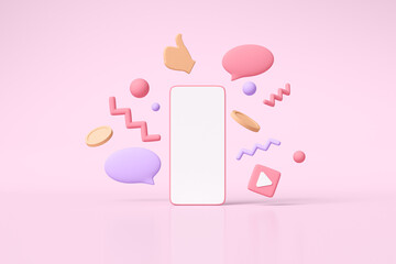 Mobile phone and coins on a pink background. 3d render illustration.