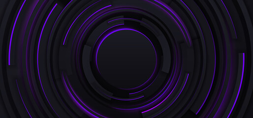 Abstract geometric vector background. Minimal style design. Black circles with neon glow. Abstract black wallpaper.