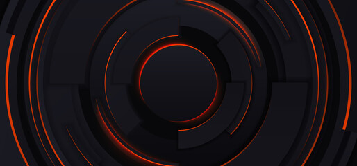 Abstract geometric vector background. Minimal style design. Black circles with neon glow. Abstract black wallpaper.