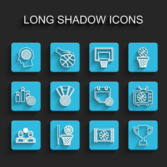 Set line Basketball players, and basket, Thoughts on basketball, game video, Award cup, medal, match tv and sport calendar icon. Vector