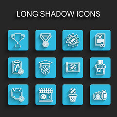 Set line Basketball on sport calendar, Sports shop and basketball, Award cup, game ticket, training, and video icon. Vector