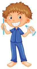 Boy in pyjamas holding toothbrush and toothpaste