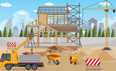 Cartoon scene of building construction site