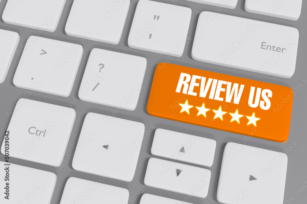 Poster review us button 3d rendered with five stars on the keyboard. rating concept backdrop