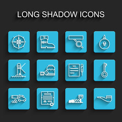 Set line Cannon with cannonballs, Decree, parchment, scroll, Wind rose, Treasure and riches, Smoking pipe, Pirate game dice, key and Feather pen icon. Vector