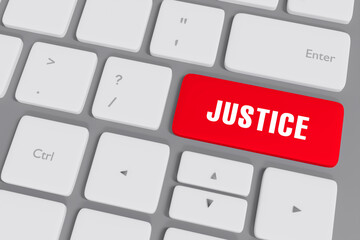 Justice Button 3D Rendered in Red Color with White Text. transparency and justice concept backdrop