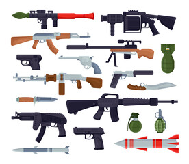Military weapons illustration set. Army weapons, rocket, grenade launcher, machine gun and bazooka isolated. Weapon collection on white background. War, battle concept - obrazy, fototapety, plakaty