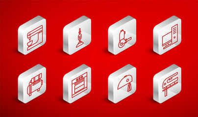 Set line Electric jigsaw, Vacuum cleaner, Angle grinder, Computer monitor, mixer, Oven and Air compressor icon. Vector