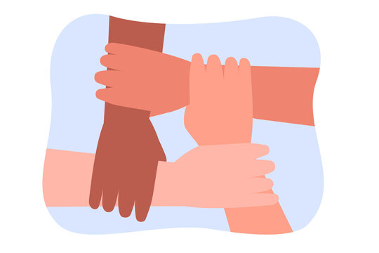 Hands of four friends holding wrists. People of different nationalities or cultures flat vector illustration. Friendship, diversity, teamwork, global communication concept for banner or landing page