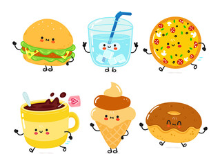 Funny happy fast food characters set. Vector hand drawn cartoon kawaii character illustration. Isolated white background. Cute sandwich, glass of water, pizza, cup of tea, ice cream, chocolate donut